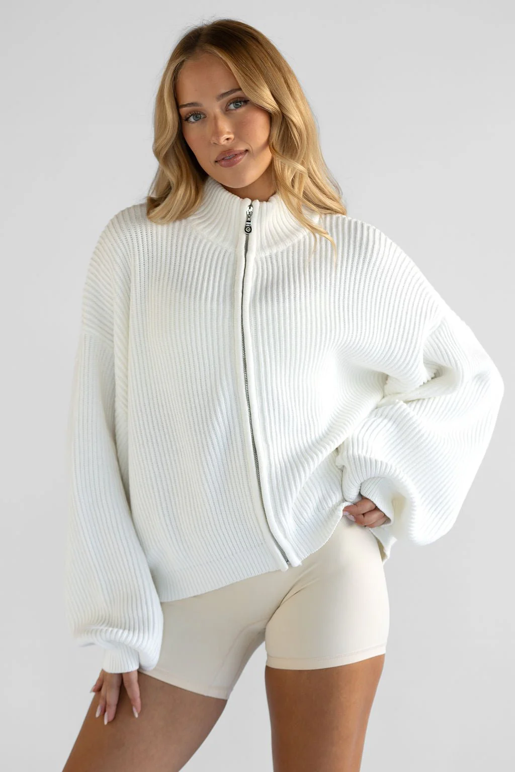 Natural Knit Bomber Jacket - Cream