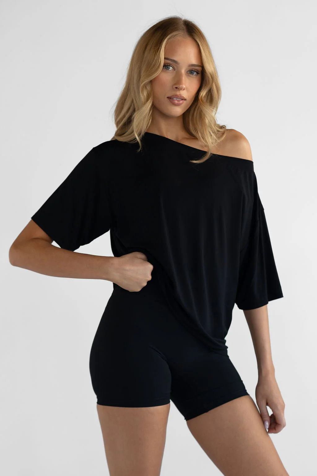 Off Shoulder Bamboo T-Shirt - Black - Image 3