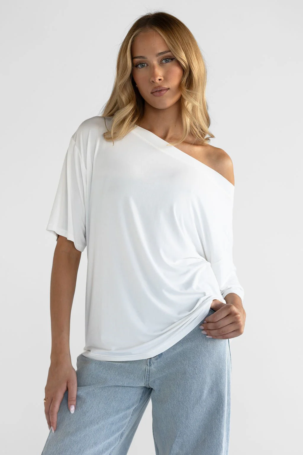 Off Shoulder Bamboo T-Shirt - White - Image 9